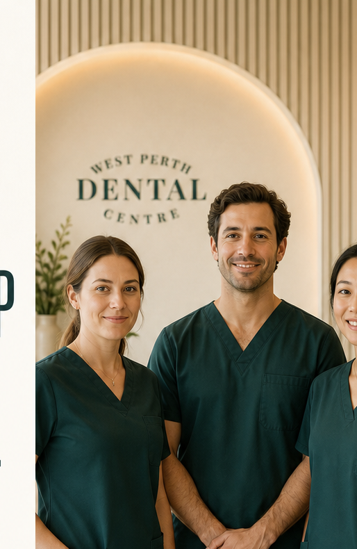 Visual reference of a friendly dental team in green scrubs
